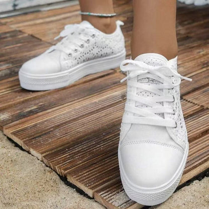 Women Shoes Fashion Summer Casual White Shoes Cutouts Lace Canvas Hollow Breathable Platform Flat Shoes Woman Sneakers