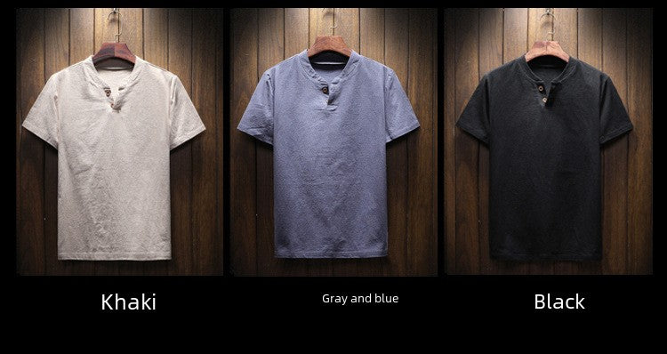 Men's Summer Loose-fit Short Sleeve Linen T-shirt Cotton Linen Body Solid Color Breathable V-neck Thin Top
