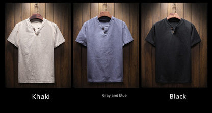 Men's Summer Loose-fit Short Sleeve Linen T-shirt Cotton Linen Body Solid Color Breathable V-neck Thin Top