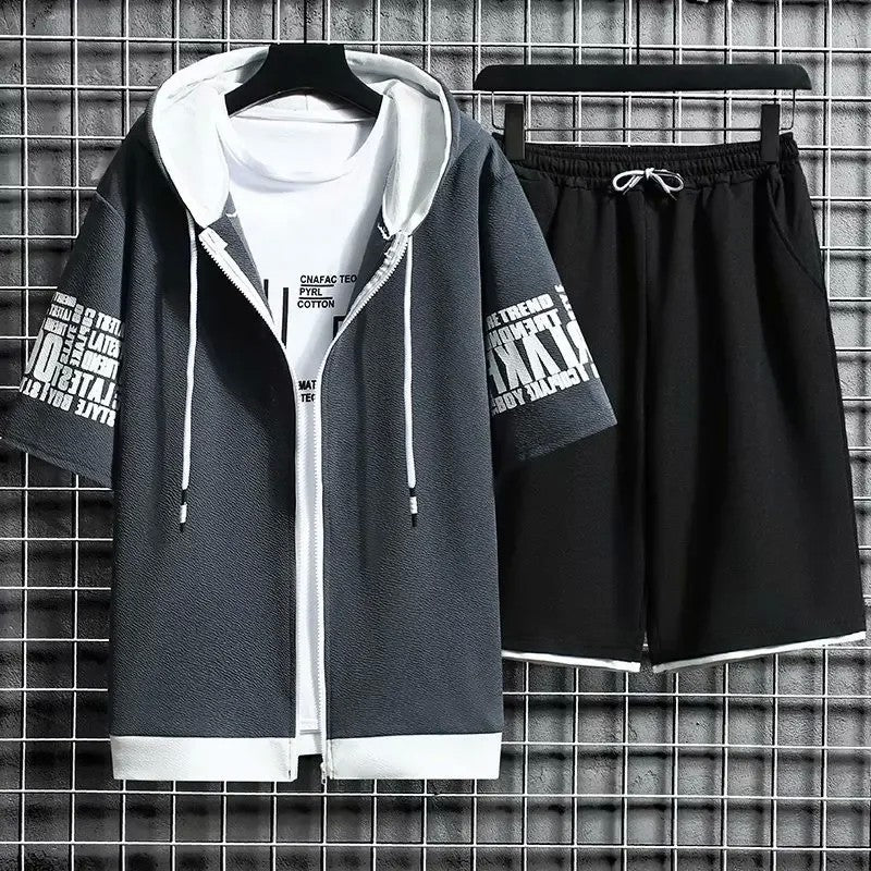 Summer Thin Men's Sports Suit 2-piece Set Casual Hooded Quick Dry Running Exercise Clothes Short Sleeve Shorts