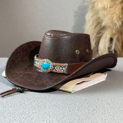 Chapéu de Cowboy Ocidental de Couro PU Simples com Aba Larga e Cordão, Boné Bucket com Proteção Solar, Chapéu para Viagem ao Ar Livre, Chapéu de Caminhada, Chapéu de Pescador, Chapéu de Viagem