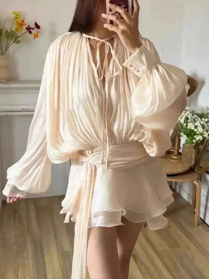 Beige Top Solid Blouse Mini Dresses For Women V Neck Long Sleeve Spliced Lace Up