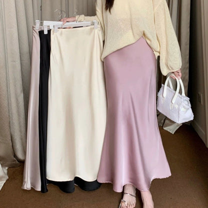 Women Satin Fishtail Skirts Fashion Streetwear Female Elastic High Waist Skirts Solid Color Summer Ladies Slim Silk A-line Skirt