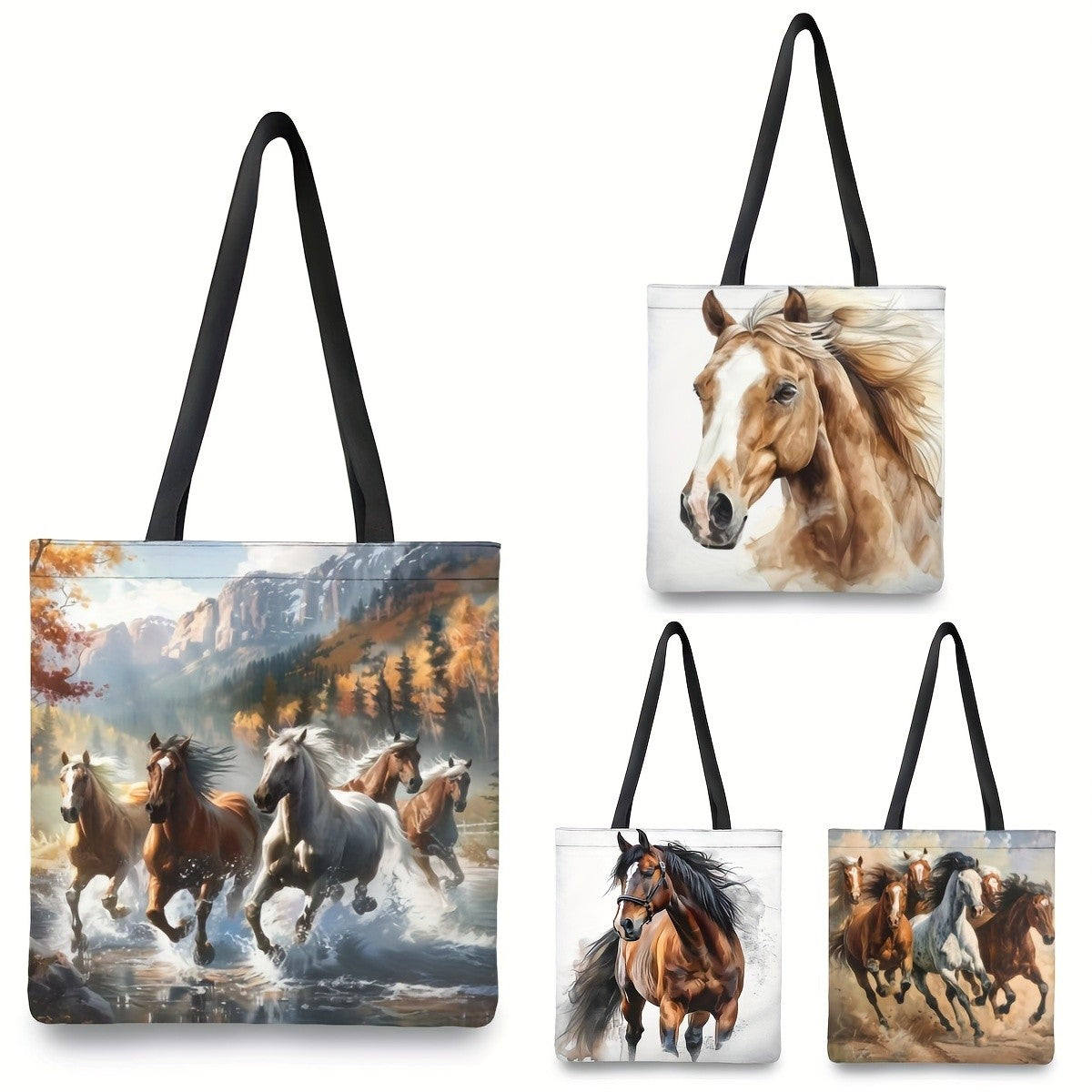 Dynamic Horse Print Tote Bag | 1pc | Linen | Large Capacity, Durable | Work, School, Shopping |40X40cm
