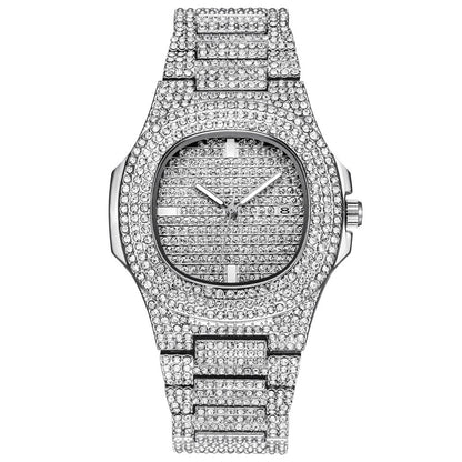 New Punk Men Watch Iced Out Diamond Sparkling Quartz Watches Fashion Hip Hop Classic Silver Color Watch Jewelry Men Women Gift