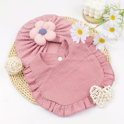 6Pcs Adorable Baby Floral TurbHat and Bib Set - Soft Ruffled Cotton with Delicate Floral Accents, Drool Towel Set, Newborn Gifts