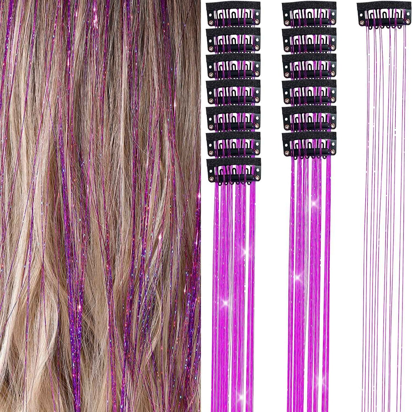 6 peças de extensões de cabelo brilhantes de 50 cm, extensões de cabelo sintéticas, presilhas de cabelo para trançar, chapéus femininos