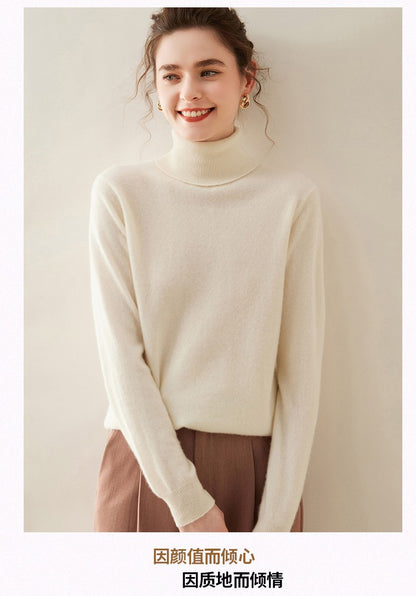 Suéter de Cashmere Feminino Gola Alta Manga Comprida Pulôver de Malha 100% Cashmere Puro Suéter Básico Versão Coreana Top Feminino