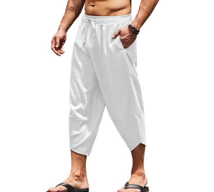 Calças Capri Masculinas de Verão Cor Sólida Shorts Harem Masculinos com Elástico na Cintura Cordão Calças Cropped 3/4 Folgadas