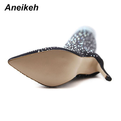 Aneikeh Sexy High Heels Sock Over-the-Knee Boots Pointed Toe Design Crystal Rhinestone Stretch Fabric Pole Dancing Women Shoes