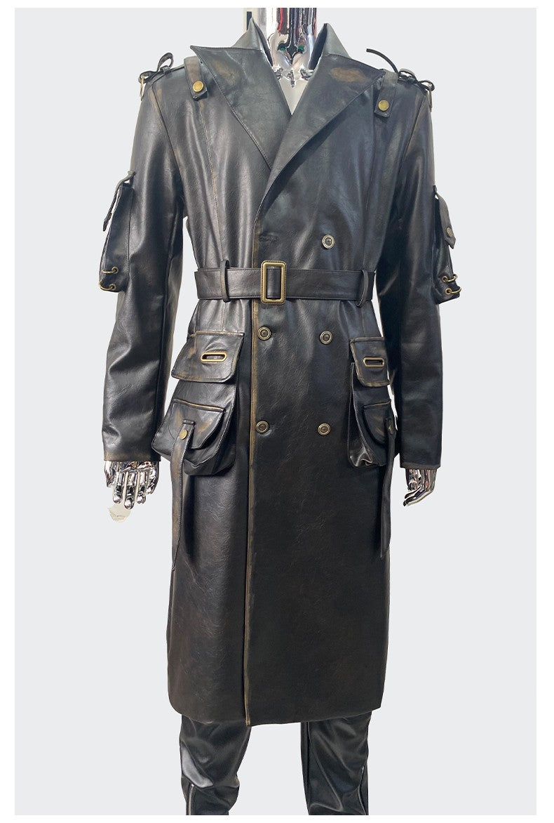 Nerazzurri Spring Autumn Cool Long Waterproof Distressed Black Pu Leather Trench Coat Men Belt Pockets Luxury Designer Clothes