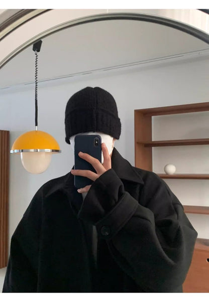 Mauroicardi Autumn Winter Long Warm Grey Black Slouchy Woolen Coat Men Single Breasted Loose Casual Wool Blends Overcoat 2023