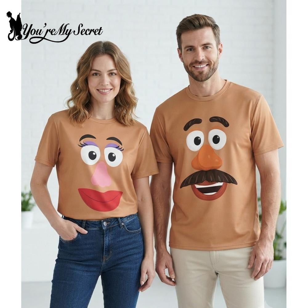 [You're My Secret] Mr. and Mrs. Potato Head Short Sleeve T-Shirt Funny Couple Cosplay Costume Halloween Party Outfit Brown Tops