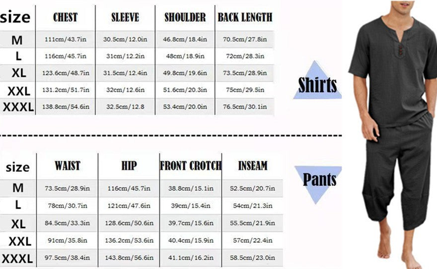 Summer Cotton Linen Shirt Set Men's Casual Outdoor 2-Piece Suit Andhome Clothes Pajamas Comfy Breathable Beach Short Sleeve Sets