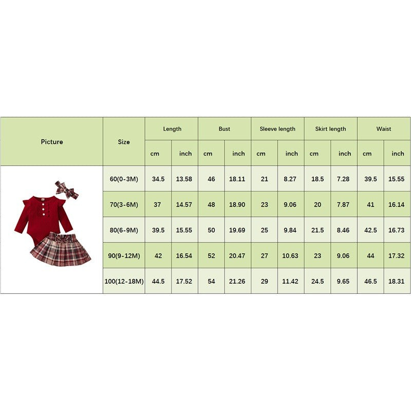 Infant Toddler Baby Girl Fall Winter Outfits Long Sleeve Romper Knitted Bodysuit with Plaid Skirt 2Pcs Christmas Outfits