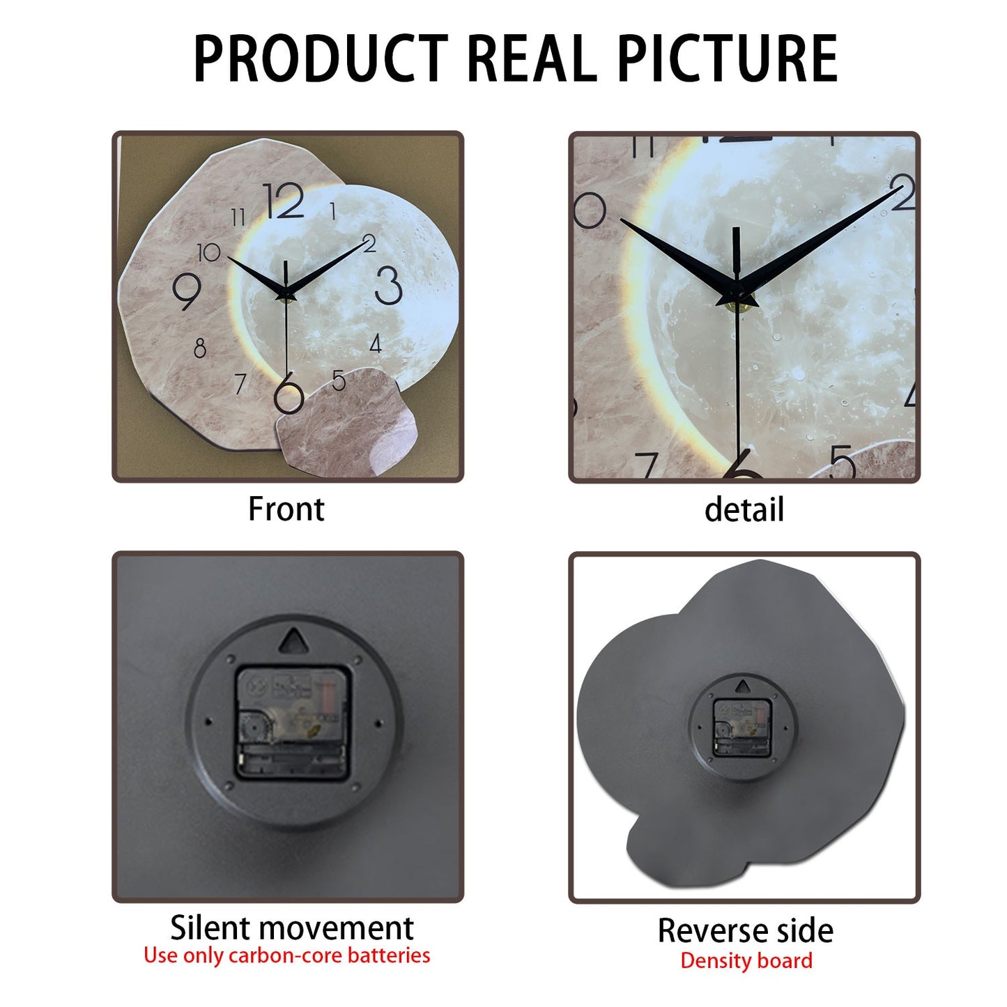 Modern Simple Silent Wall Clock, Moon Design - Quartz Movement, Wooden Material, for Bedroom, Living Room or Office Decoration