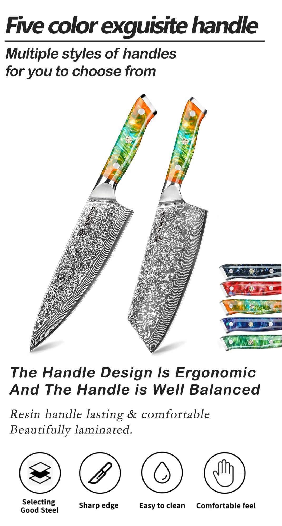 Conjunto de facas de cozinha SANMUZUO 2 peças - Série Xuan - Faca de Chef e Faca Nakiri em Aço Damasco VG10, Melhor Presente para Chefs - Cabo de Resina