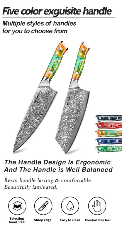 Conjunto de facas de cozinha SANMUZUO 2 peças - Série Xuan - Faca de Chef e Faca Nakiri em Aço Damasco VG10, Melhor Presente para Chefs - Cabo de Resina