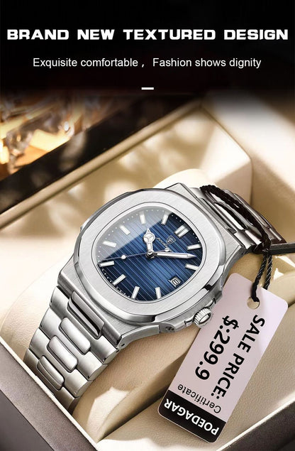 Relógio Masculino de Luxo POEDAGAR 50 ATM À Prova D'água Relógio Masculino Luminoso Data Aço Inoxidável Quadrado Quartzo Relógios Masculinos reloj hombre