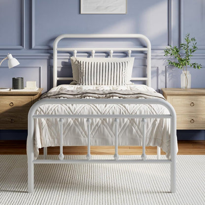 Estrutura de Cama de Metal Tamanho Solteiro – Estilo Vitoriano Moderno Minimalista com Cabeceira/Peseira, Estrados de Aço Resistentes/Embaixo da Cama