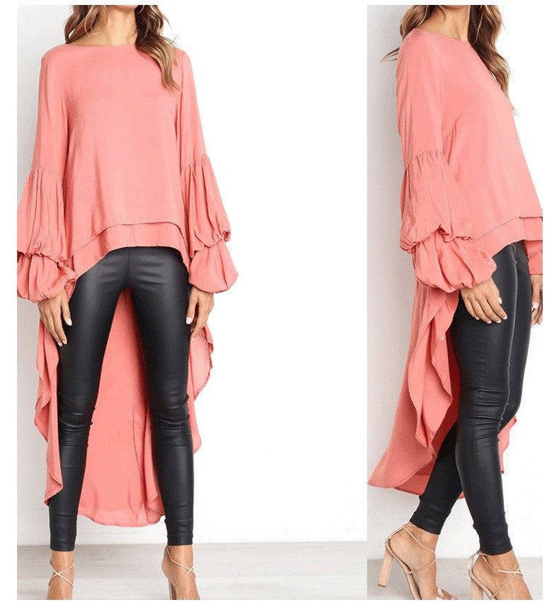 Elegant Solid Color Chiffon Shirts Women O Neck Lantern Sleeves Irregular Long Blouses Tops Temperament Lady Commuting Clothing