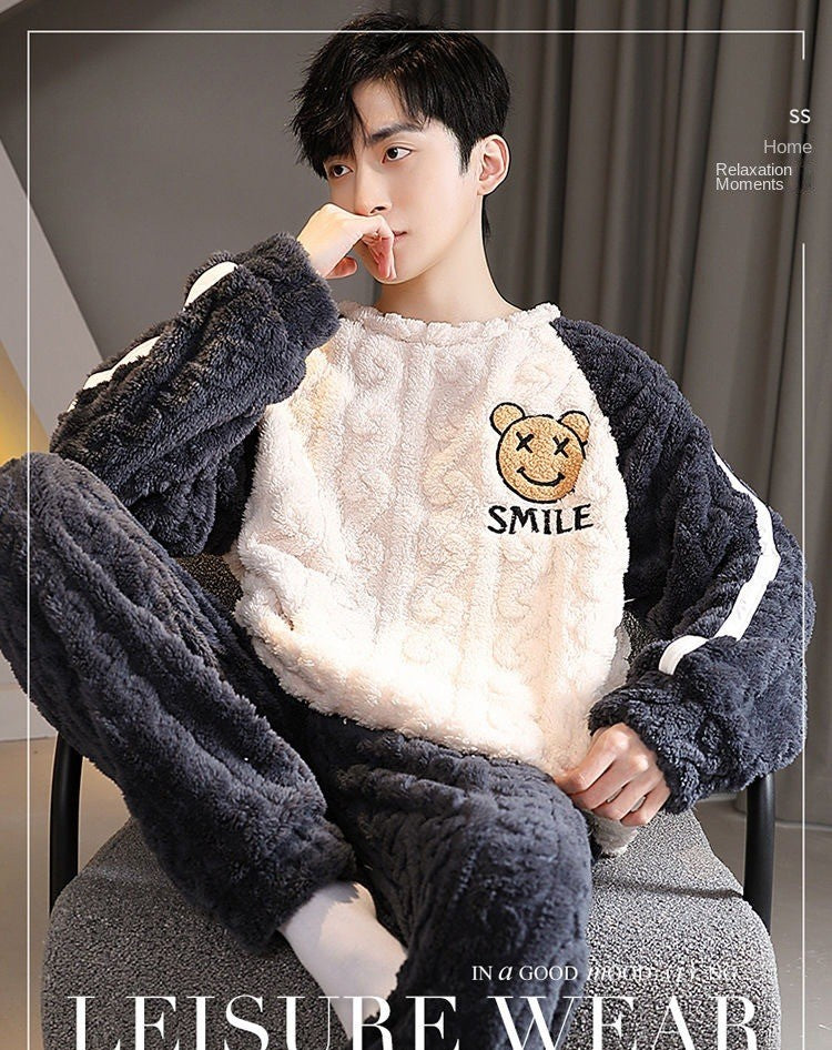 Thickened Warm Sleepwear for Winter Coral Velvet Autumn and Winter Men Flannel Loungewear Large Size 2 Piece Set Homewear