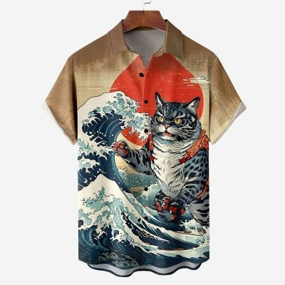 Men's Retro Short Sleeve Shirt Summer Casual Fun Hawaiian Ukiyoe Kitten Fishing Shark Print Lapel Short Sleeve Shirt