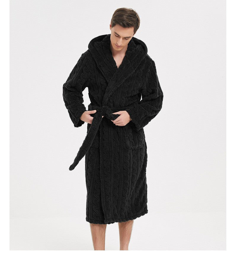 New American Cotton Velvet Jacquard Hooded Men's Dressing Gown with Fleece Thickened Autumn and Winter Couple Dressing Gown