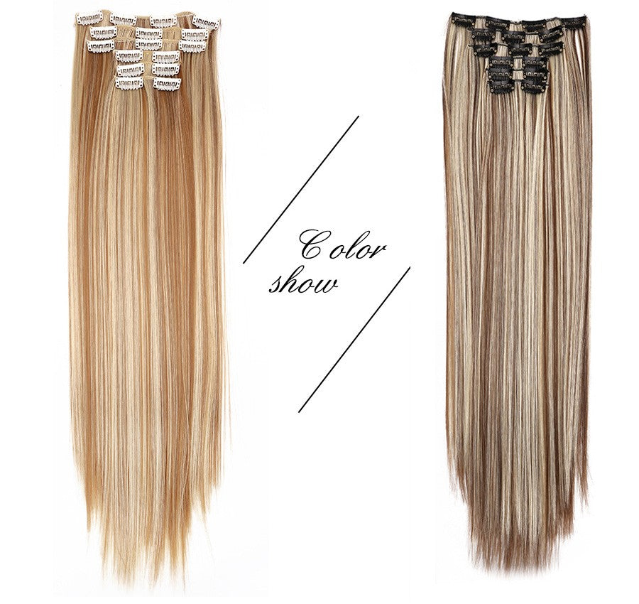 22 Polegadas Sintético Cabelo Liso Longo 16 Clipes 6 Peças/Conjunto Apliques de Cabelo Loiro Preto Resistente ao Calor Para Mulheres