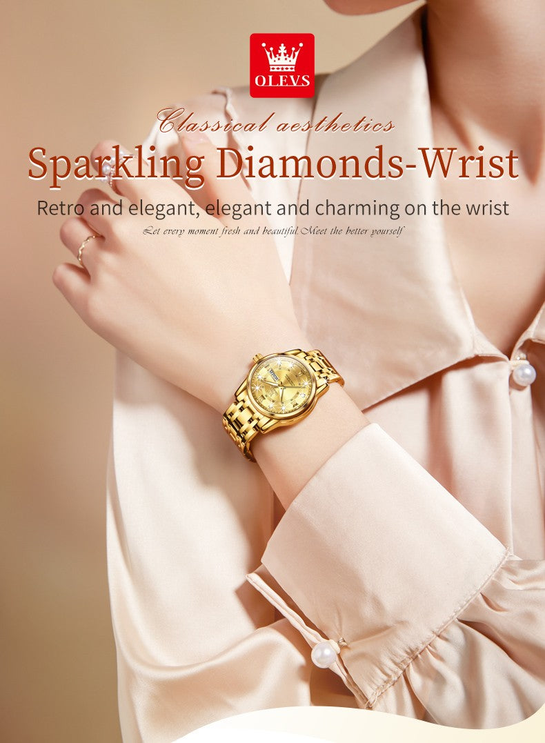 OLEVS 5513 Fashion Ladies' Watches Elegant Stainless Steel Waterproof Quartz Watch for Women Weekly Calendar Luminous Wristwatch