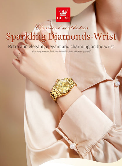 OLEVS 5513 Fashion Ladies' Watches Elegant Stainless Steel Waterproof Quartz Watch for Women Weekly Calendar Luminous Wristwatch