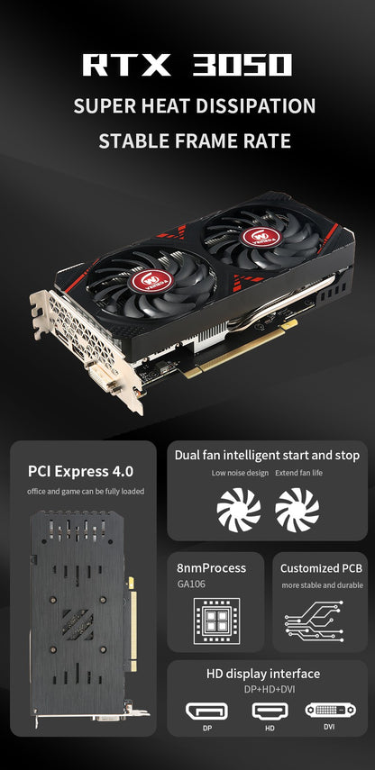 Placa de Vídeo VEINEDA RTX3050 8GB GDDR6 128bit para Computador RTX 3050 8GB Gaming PC rtx 3070 DP*HDMI -compatível