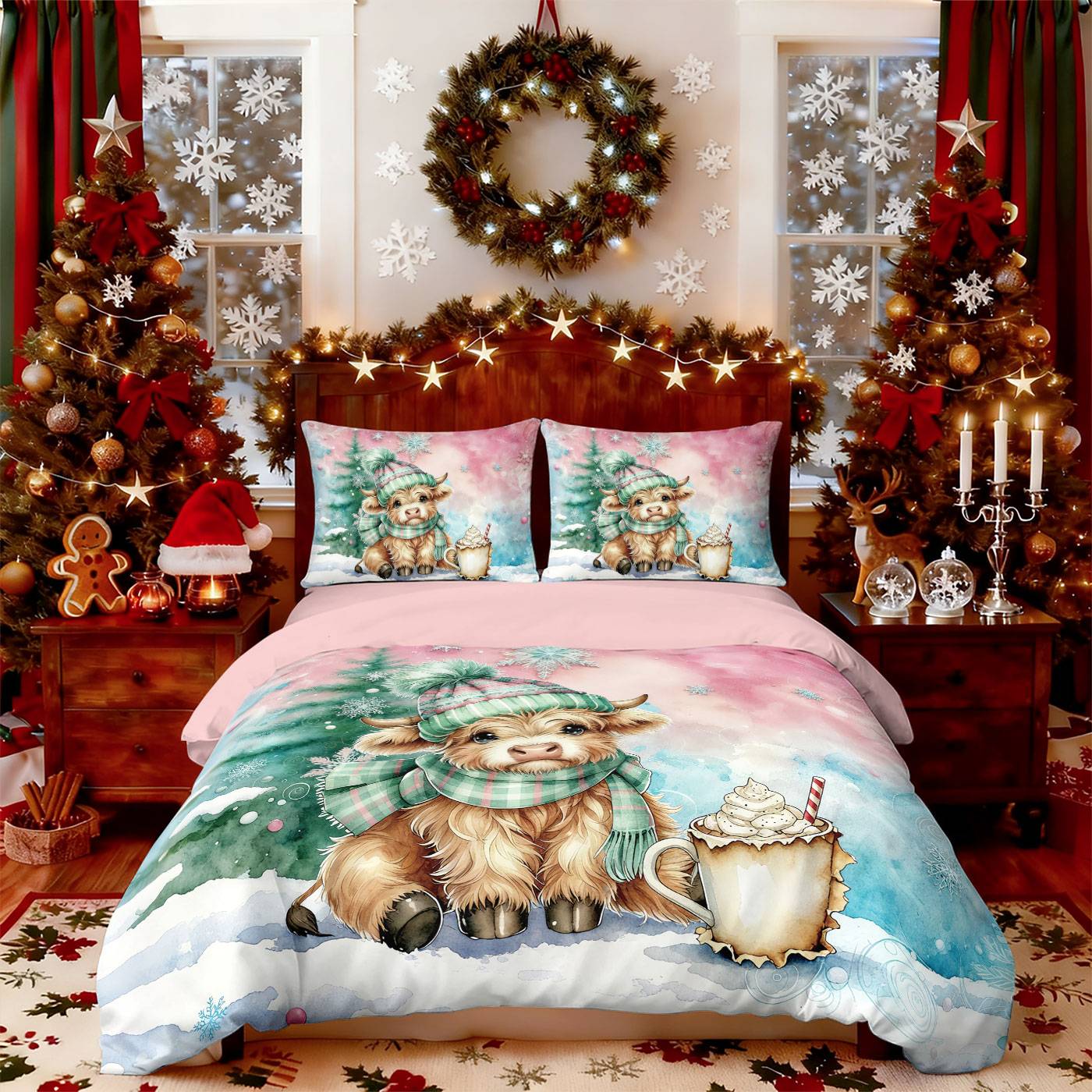 3pcs Christmas Pink Highland Cow Print Coreless Bedding Set Multi Sized Bedding Bedding Decoration Comfortable Machine Washable