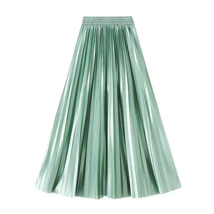 High Waist Satin Pleated Skirt 1 Meter Long Floor Length Pearl Glitter A- Line Umbrella Half Body Skirts Polyester Fiber