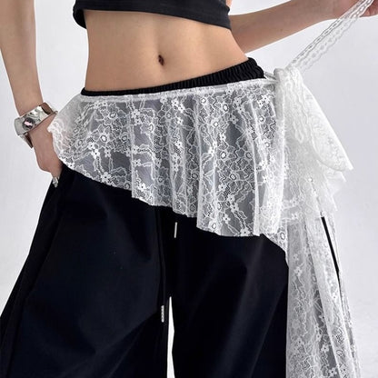 Jeans Pants Decor Embroidered Flower Lace Mini Skirt Irregular See Through Ruched Skirts High Waist Harajuku Pleated Skirts