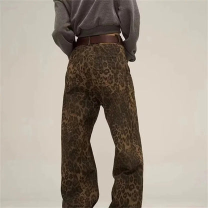 American vintage leopard print jeans female autumn winter new design sense small straight tube overalls casual pants