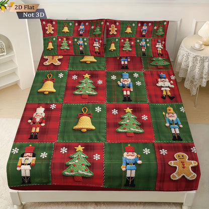 Conjunto de 3 peças de lençol sem elástico com estampa de Natal e emenda de tecido, vários tamanhos, colcha macia, decoração de quarto, lavável à máquina
