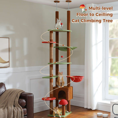 Árvore de Gato do Chão ao Teto Torre para Gatos de Altura Ajustável com Condomínio de Gato Rede Aconchegante e Arranhador Árvore de Atividades Alta Marrom