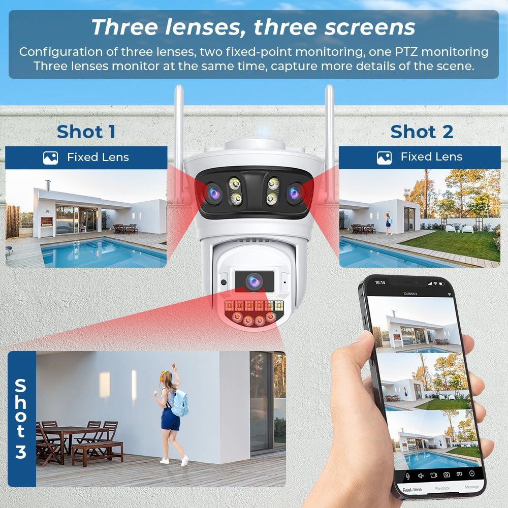 15MP 8K HD Wifi Surveillance Camera Outdoor Three Lens Three Screens Security IP Camera Human Detection 5G Wifi Camera O-KAM PRO