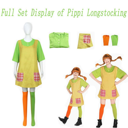 Pippi Longstocking Cosplay Costume Full Set Green T-Shirt Apron Colorful Stockings Halloween Book Character Outfit