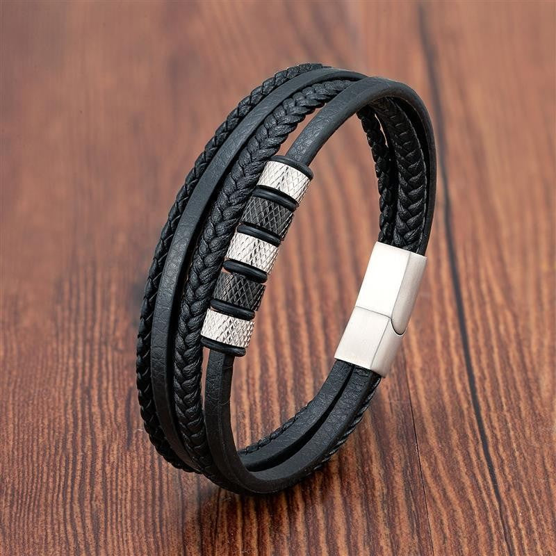 Pulseira de Couro Masculina Punk com Fecho Magnético de Aço Inoxidável Trançado em Camadas Envoltório de Couro Pulseiras Presente Joias Masculinas