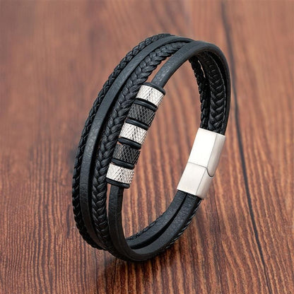 Pulseira de Couro Masculina Punk com Fecho Magnético de Aço Inoxidável Trançado em Camadas Envoltório de Couro Pulseiras Presente Joias Masculinas