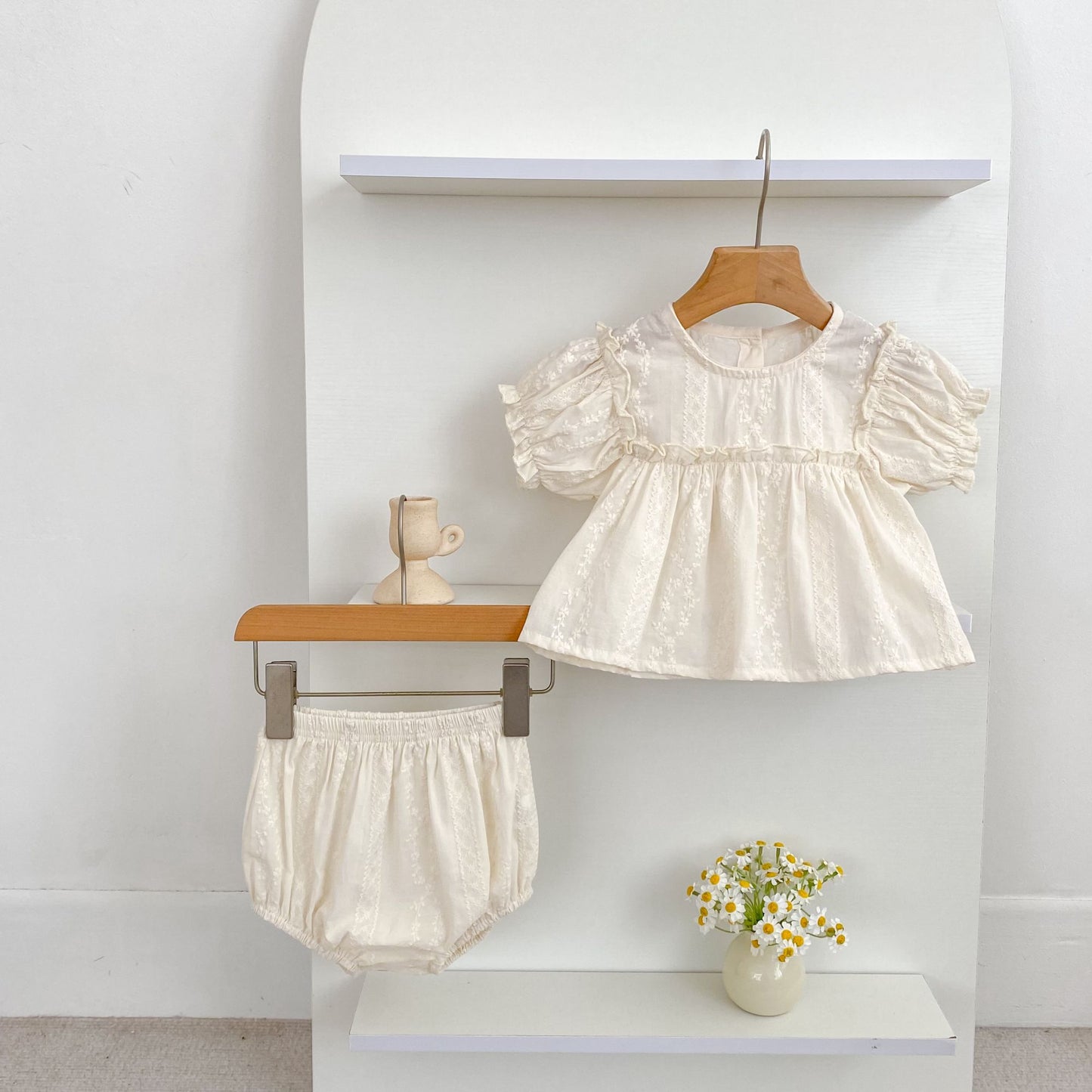 Girls Summer Fashion Set Children's Embroidered Grid Puff Sleeve Top+Shorts Two Piece Cute Baby Girls Clothes Set Baby Clothes