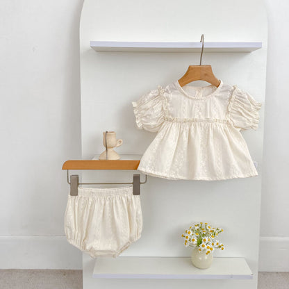 Girls Summer Fashion Set Children's Embroidered Grid Puff Sleeve Top+Shorts Two Piece Cute Baby Girls Clothes Set Baby Clothes