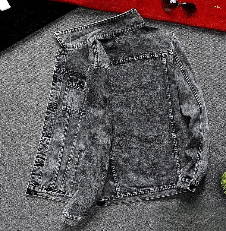 Jeans Coat for Men Hip Hop with Print Ripped Button Black Hole Denim Jackets Man Size L Large Lxury Worn Cowgirl Fast Delvery G