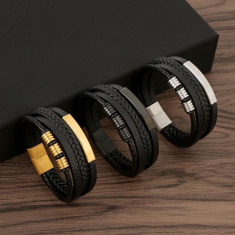 Pulseira de Couro Masculina Punk com Fecho Magnético de Aço Inoxidável Trançado em Camadas Envoltório de Couro Pulseiras Presente Joias Masculinas