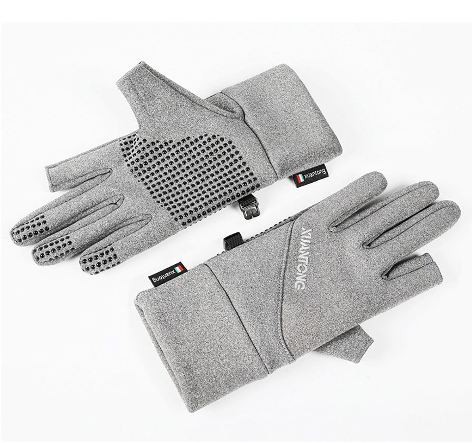 GOBYGO 1Par Luvas de Inverno com Forro de Lã para Aquecer, Luvas de Ciclismo Antiderrapantes de Silicone, Luvas de Pesca Touchscreen com Dois Dedos Expostos