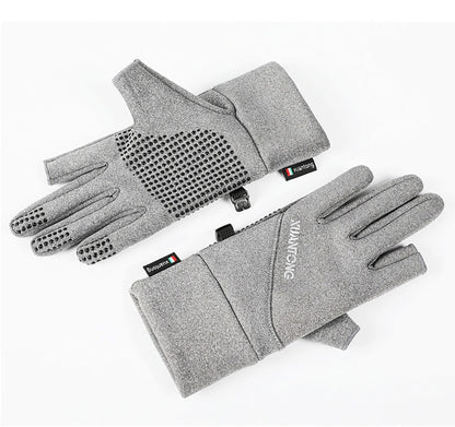 GOBYGO 1Par Luvas de Inverno com Forro de Lã para Aquecer, Luvas de Ciclismo Antiderrapantes de Silicone, Luvas de Pesca Touchscreen com Dois Dedos Expostos