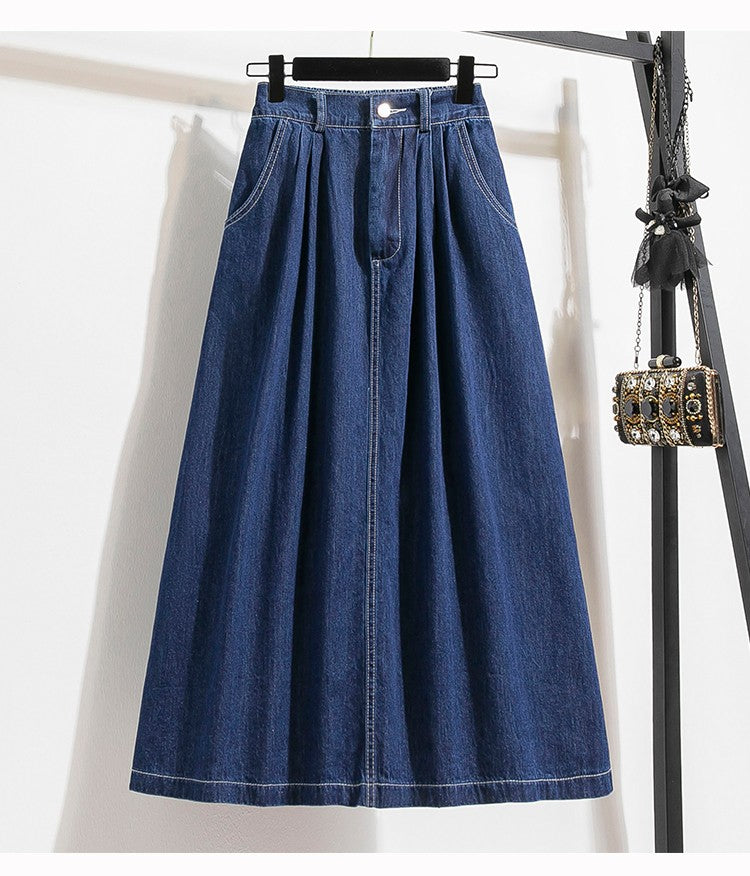 Plus Size Denim Skirt Women Summer 2025 New Korean Style High Waist A Line Pleated Long Jean Skirt Casual Women Maxi Skirt