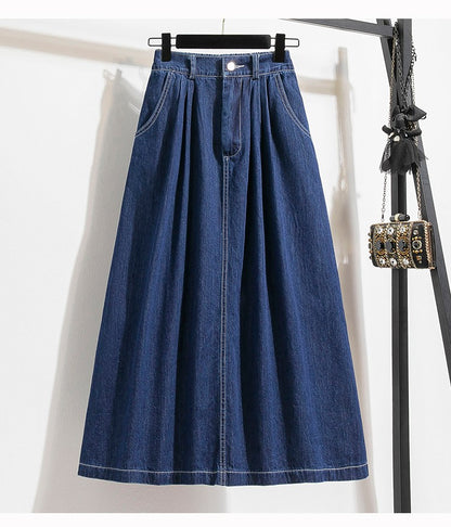 Plus Size Denim Skirt Women Summer 2025 New Korean Style High Waist A Line Pleated Long Jean Skirt Casual Women Maxi Skirt